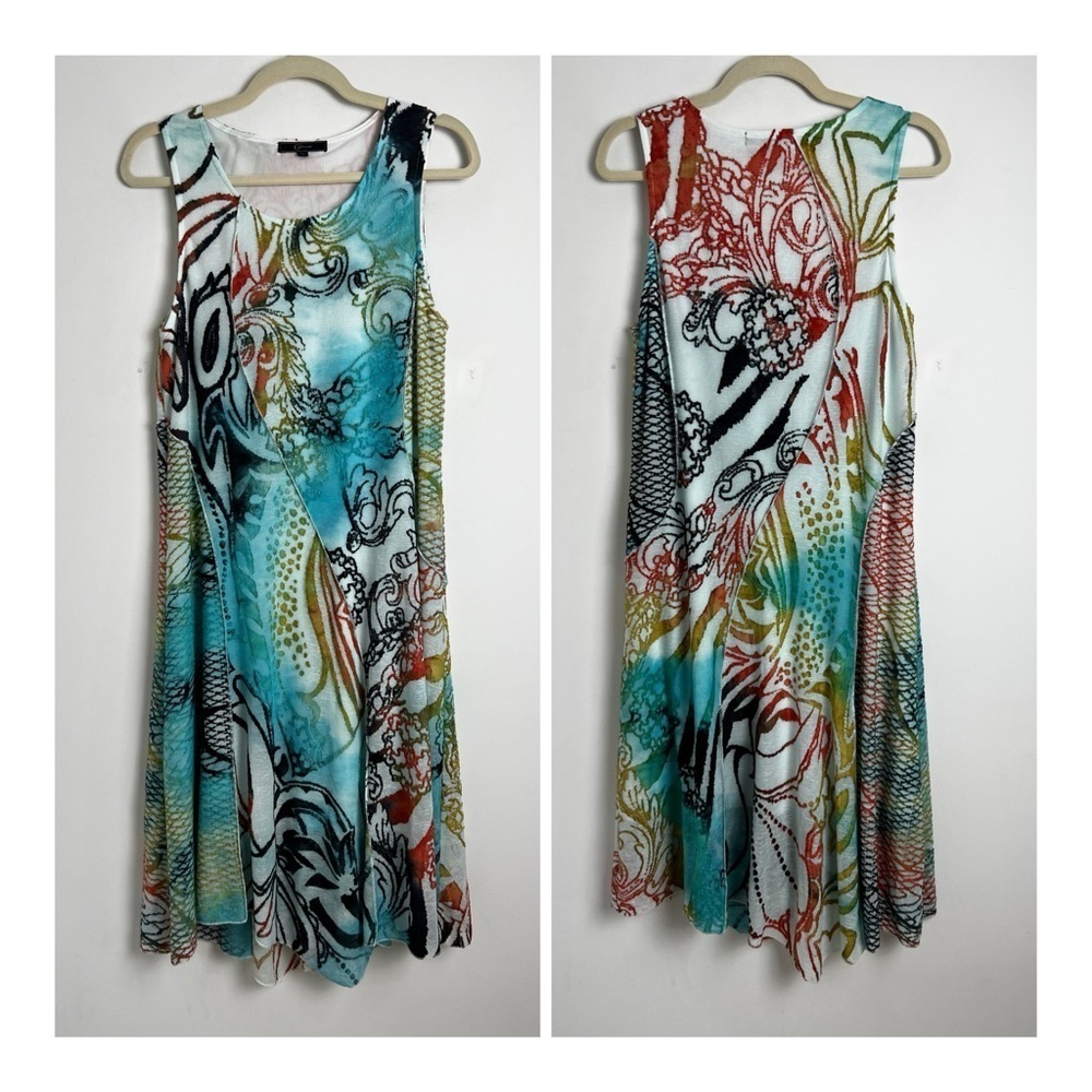 CATIVA Tropical Print Burnout Textured Lace Asymmetrical‎ Hem Midi Artsy Dress M